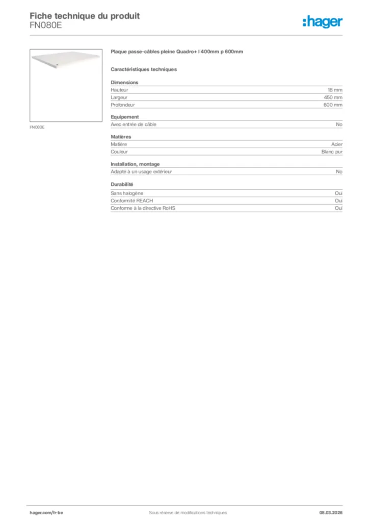 Image Hager Fiche technique du produit FN080E | Hager Belgique