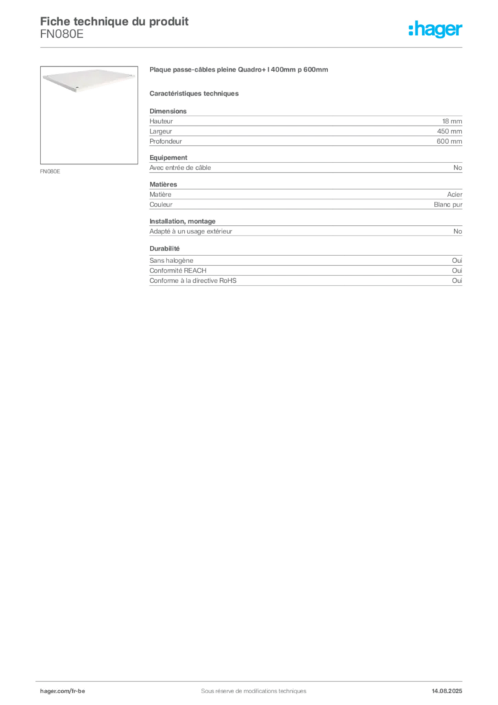 Image Hager Fiche technique du produit FN080E | Hager Belgique