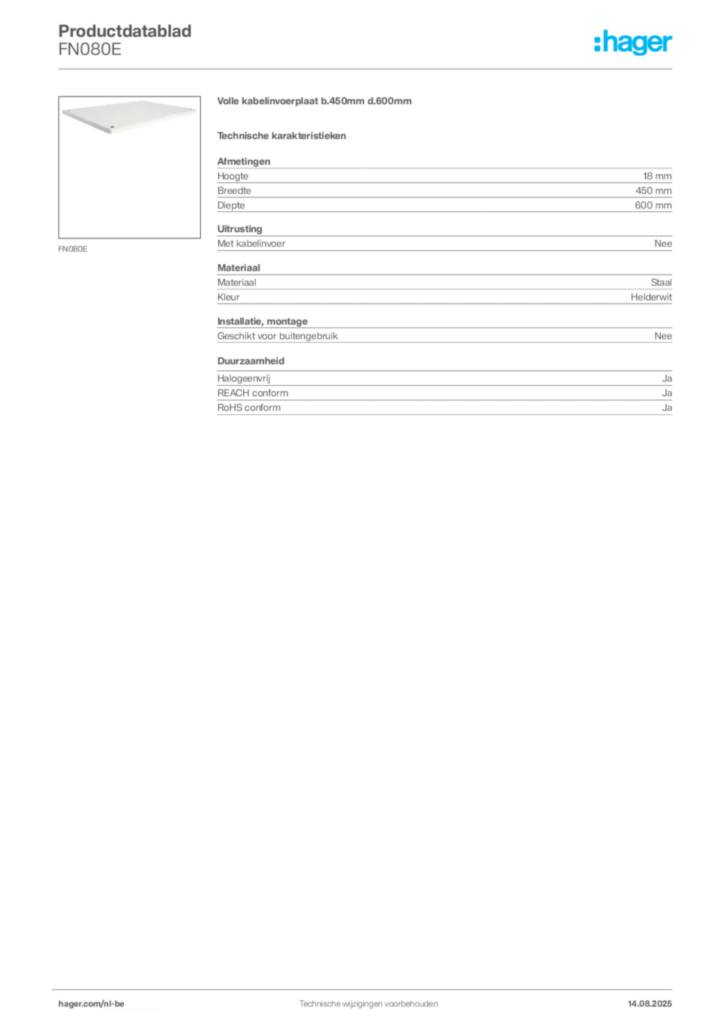 Afbeelding Hager Productdatablad FN080E | Hager Belgium