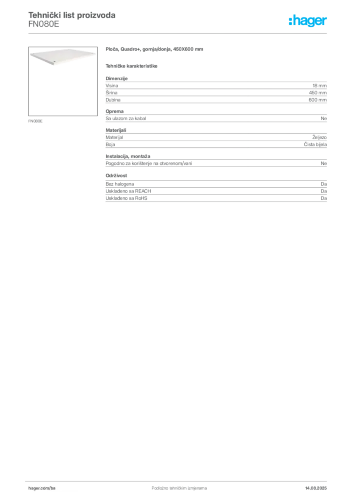 Slika Hager Product data sheet FN080E  | Hager