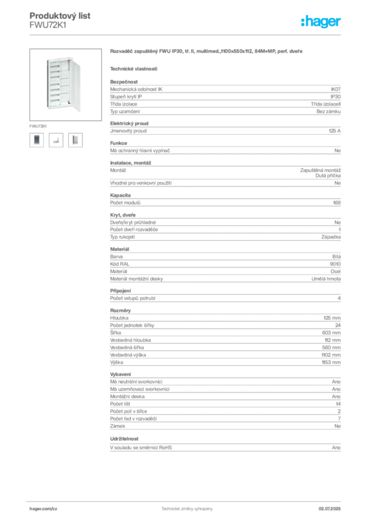 Obrázek Hager Produktový list FWU72K1 | Hager