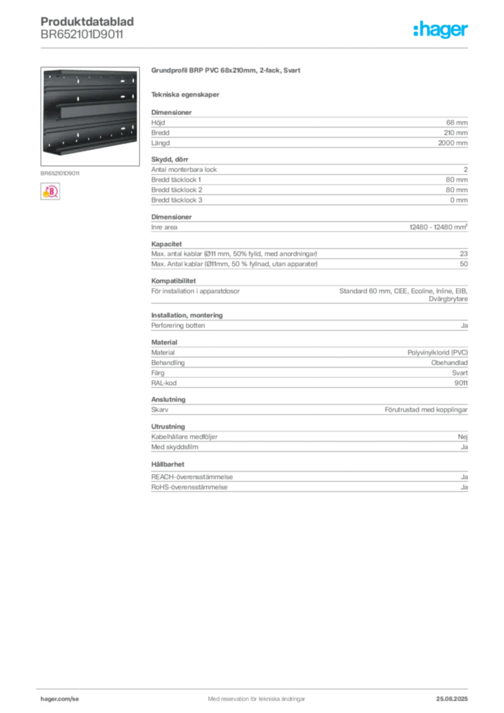 Bild Hager Produktdatablad BR652101D9011 | Hager Sverige