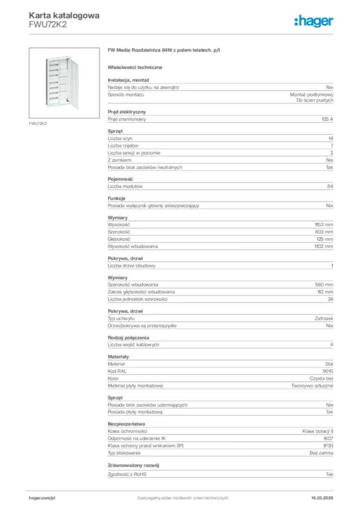 Zdjęcie Hager Karta katalogowa FWU72K2 | Hager Polska