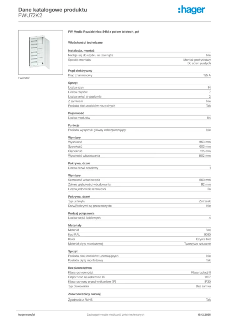 Zdjęcie Hager Karta katalogowa FWU72K2 | Hager Polska