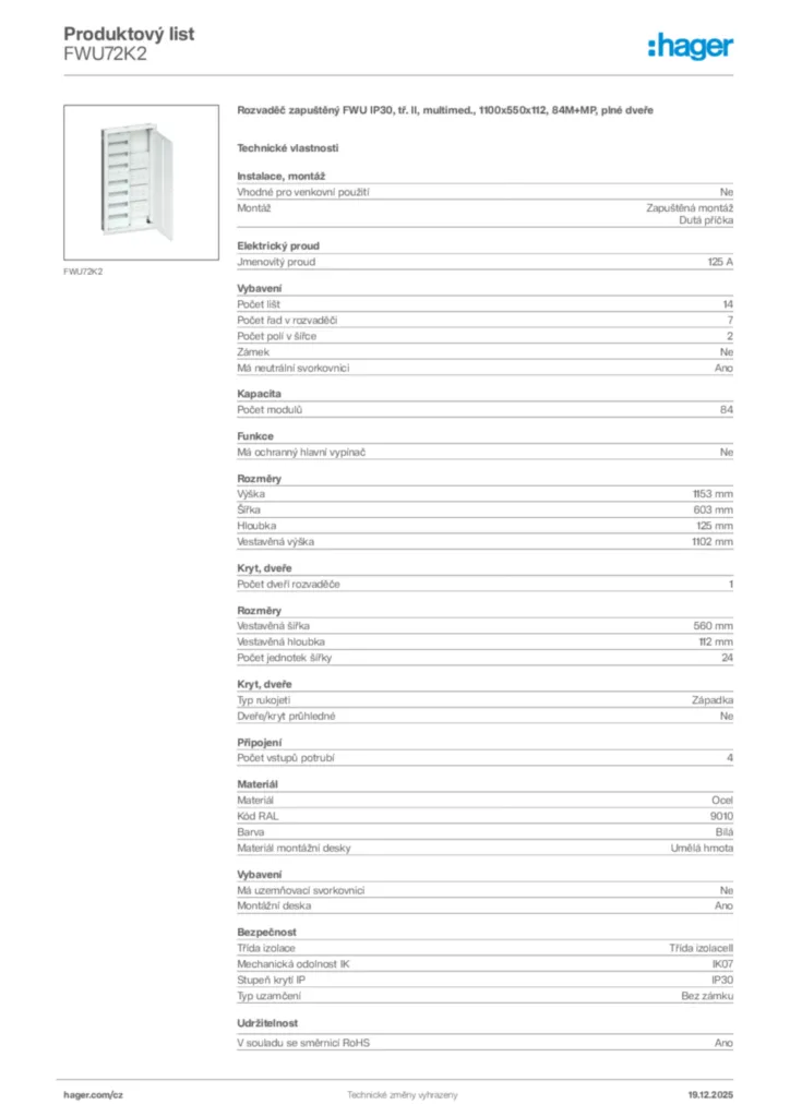 Obrázek Hager Produktový list FWU72K2 | Hager