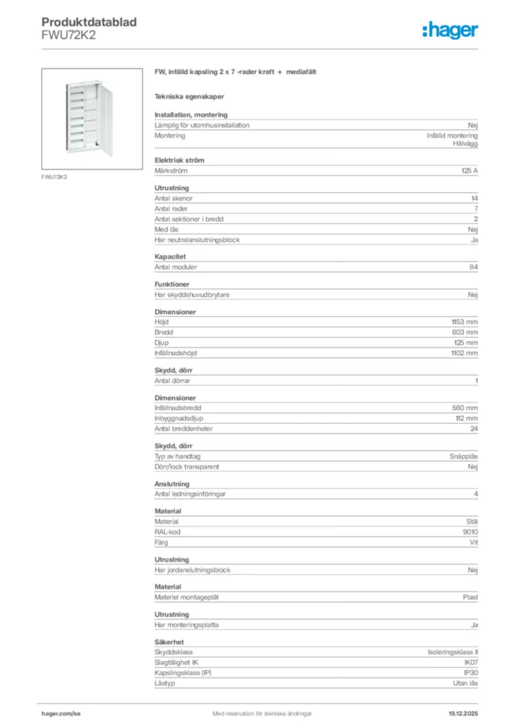 Bild Hager Produktdatablad FWU72K2 | Hager Sverige