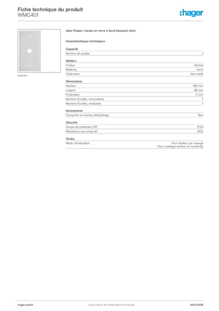 Image Hager Fiche technique du produit WMC401 | Hager France