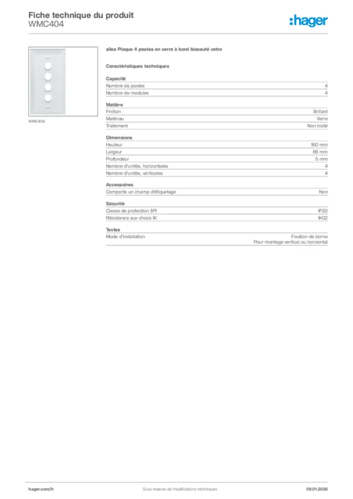 Image Hager Fiche technique du produit WMC404 | Hager France
