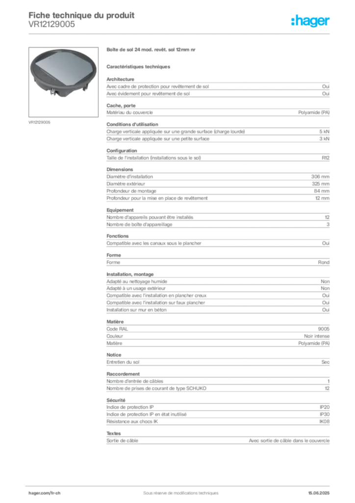 Image Hager Fiche technique du produit VR12129005 | Hager Suisse