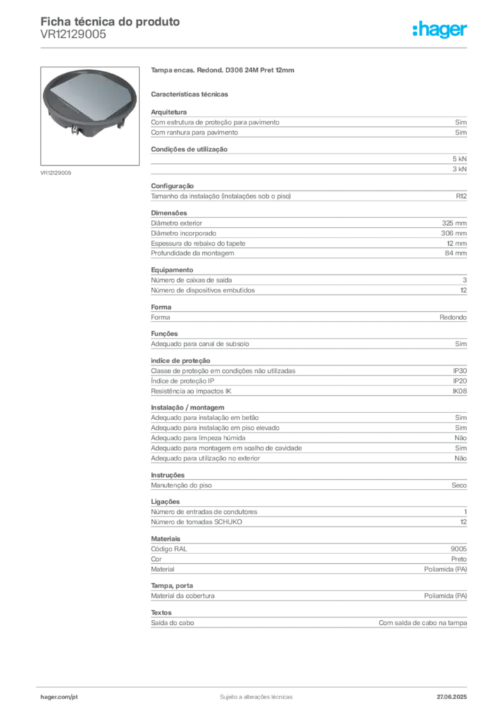 Imagem Hager Ficha técnica do produto VR12129005 | Hager Portugal