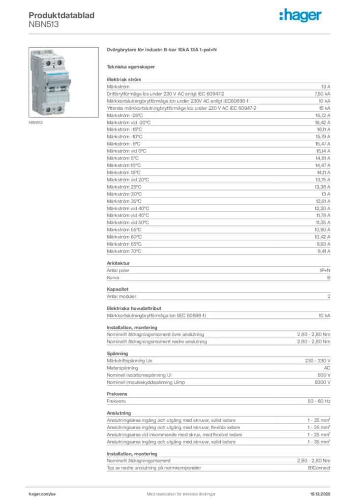 Bild Hager Produktdatablad NBN513 | Hager Sverige