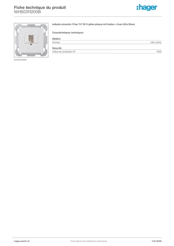 Image Hager Fiche technique du produit WH50311200B | Hager Suisse