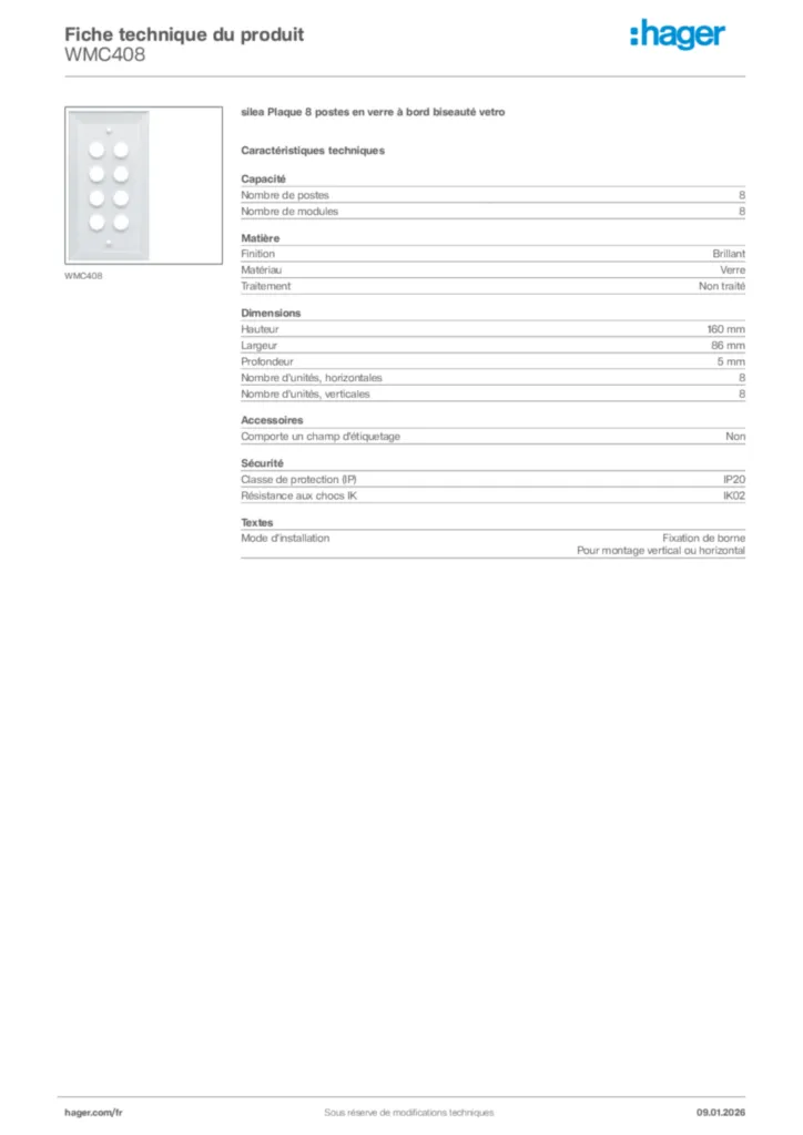Image Hager Fiche technique du produit WMC408 | Hager France