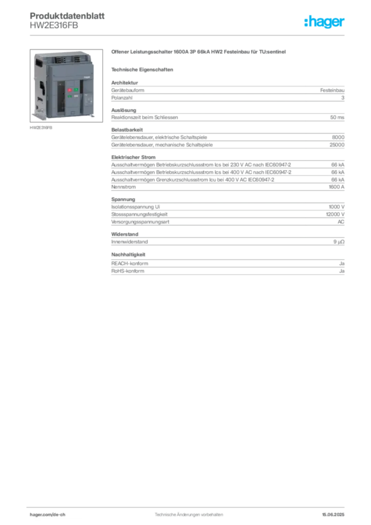 Bild Hager Produktdatenblatt HW2E316FB | Hager Schweiz