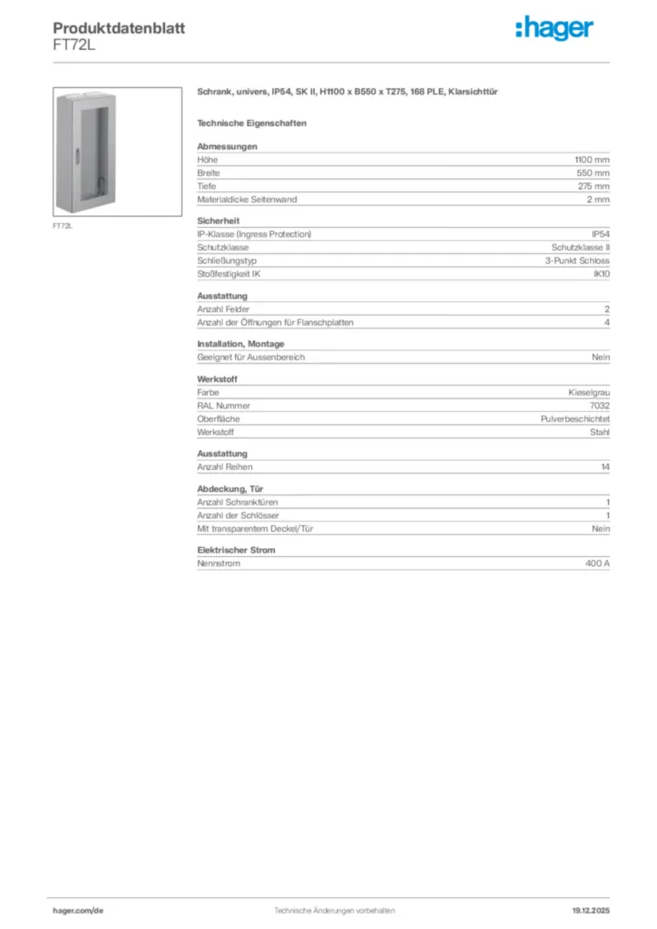 Bild Hager Produktdatenblatt FT72L | Hager Deutschland