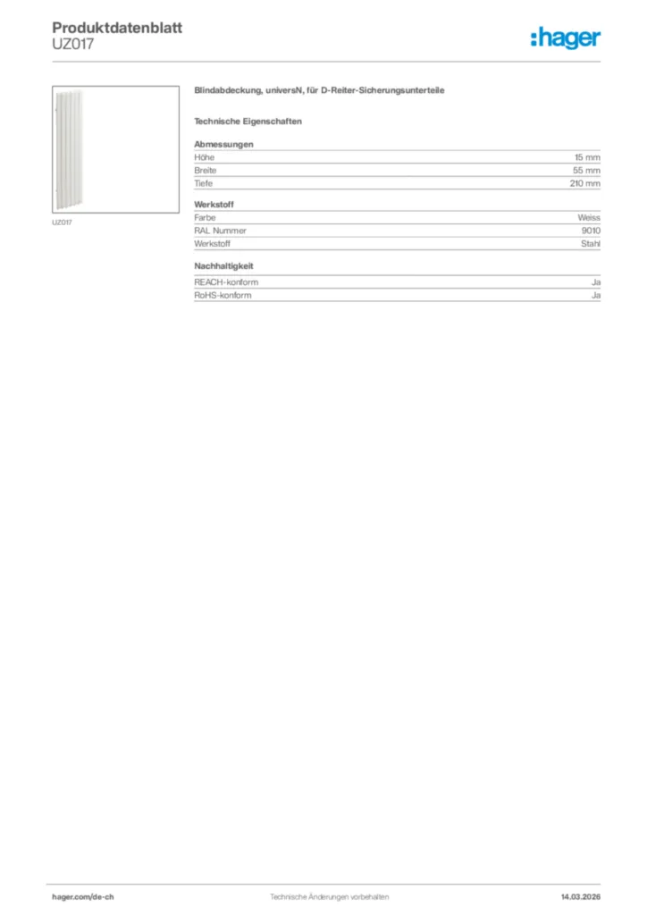 Bild Hager Produktdatenblatt UZ017 | Hager Schweiz