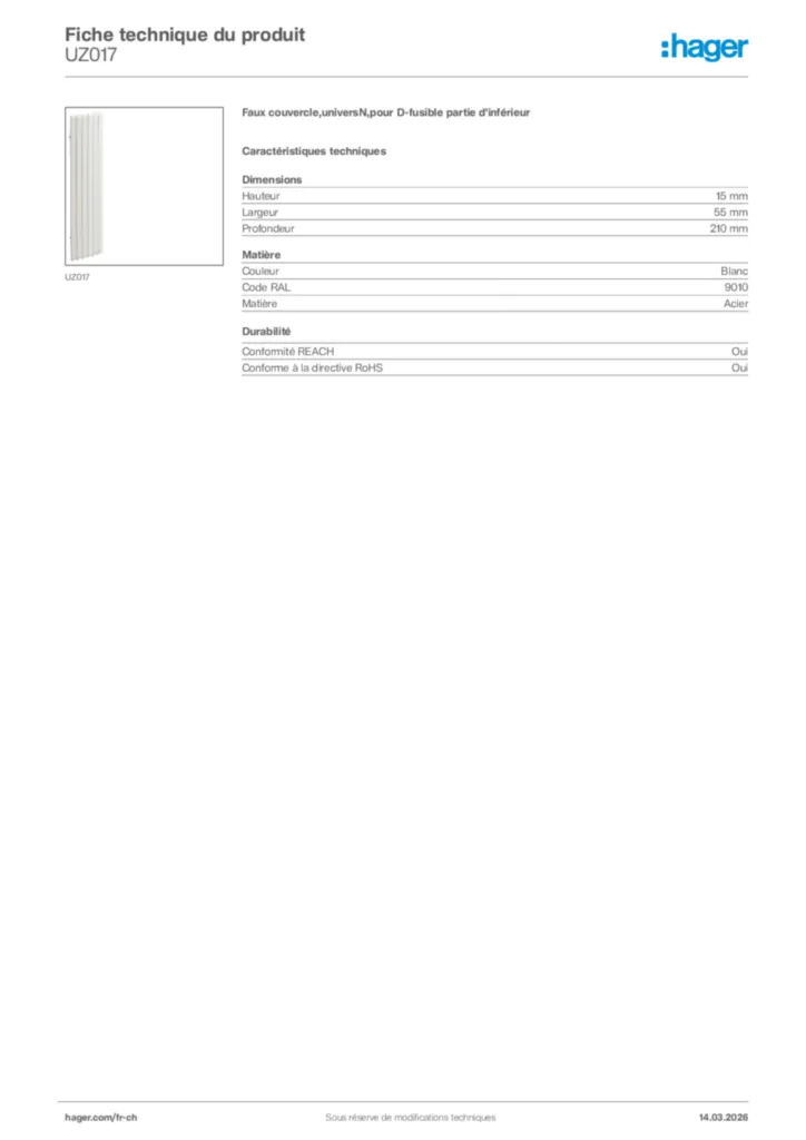 Image Hager Fiche technique du produit UZ017 | Hager Suisse