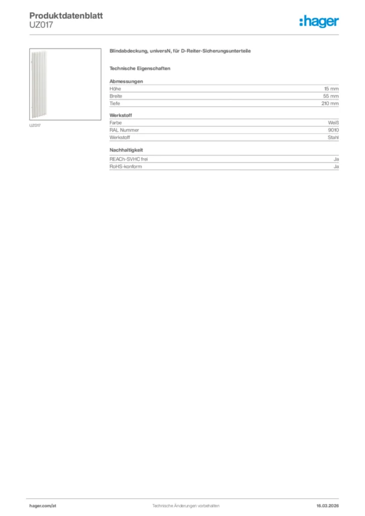 Bild Hager Produktdatenblatt UZ017 | Hager Deutschland