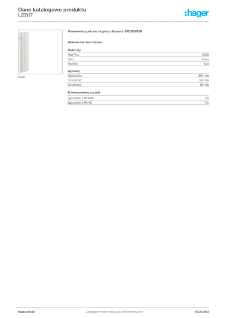 Zdjęcie Hager Karta katalogowa UZ017 | Hager Polska