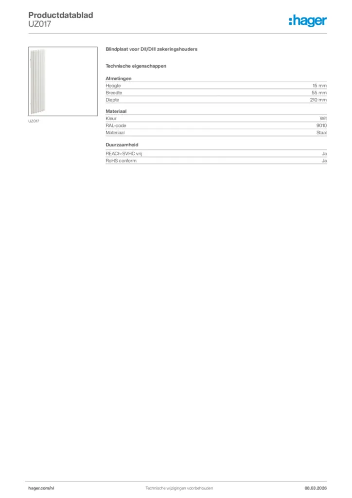 Afbeelding Hager Productdatablad UZ017 | Hager Nederland