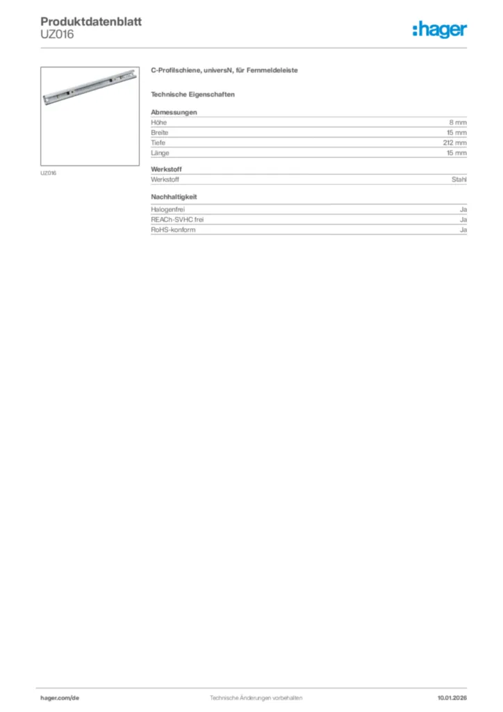 Bild Hager Produktdatenblatt UZ016 | Hager Deutschland