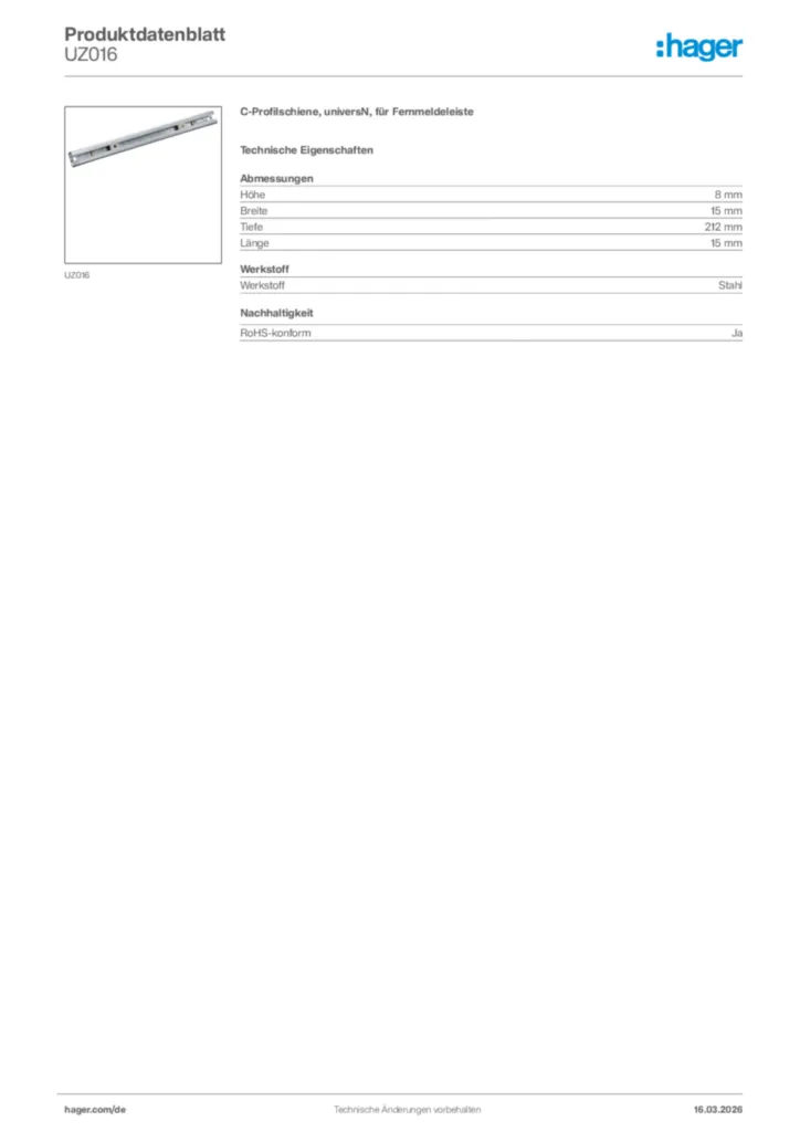 Bild Hager Produktdatenblatt UZ016 | Hager Deutschland