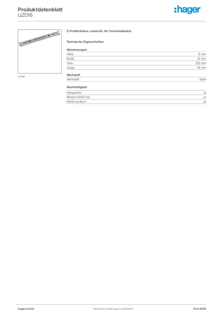 Bild Hager Produktdatenblatt UZ016 | Hager Deutschland