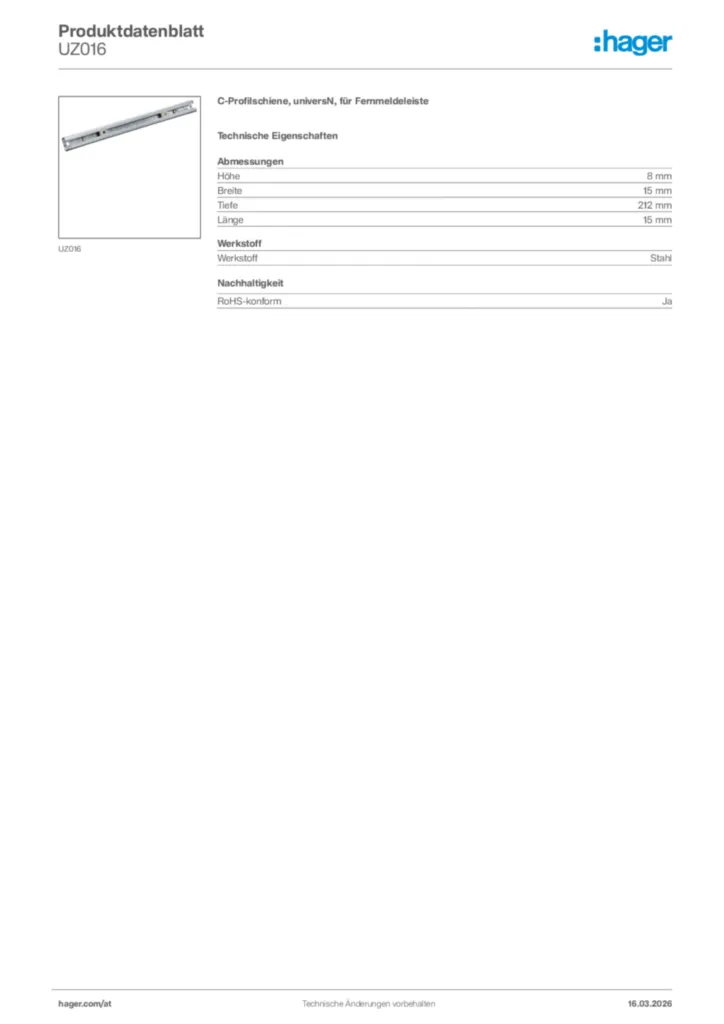 Bild Hager Produktdatenblatt UZ016 | Hager Deutschland