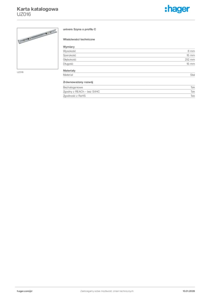 Zdjęcie Hager Karta katalogowa UZ016 | Hager Polska