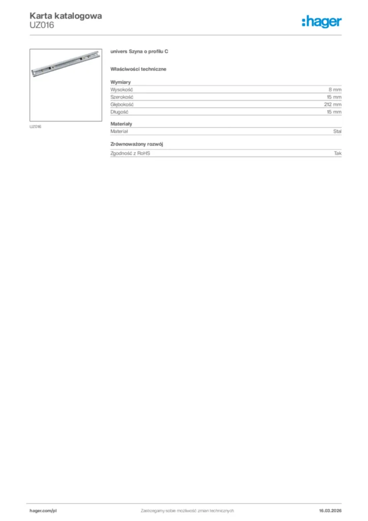 Zdjęcie Hager Karta katalogowa UZ016 | Hager Polska