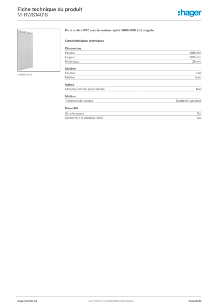 Image Hager Fiche technique du produit M-RWS14018 | Hager Suisse