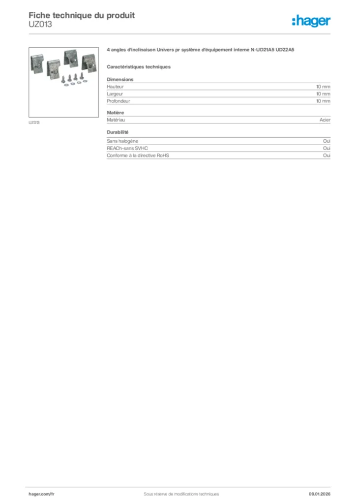 Image Hager Fiche technique du produit UZ013 | Hager France