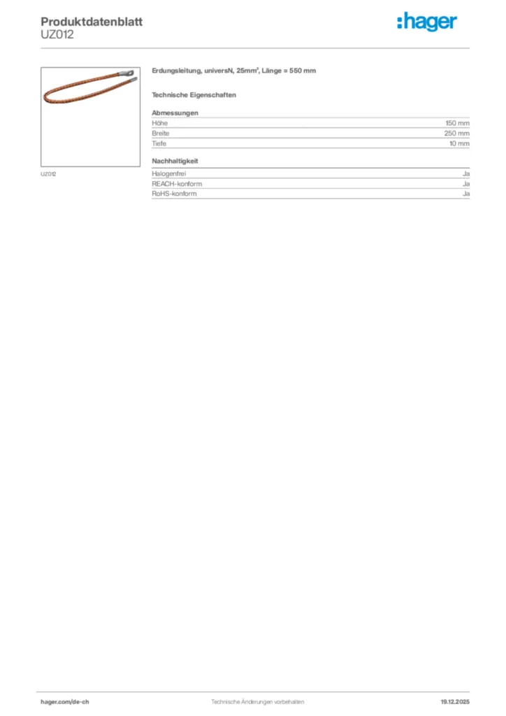 Bild Hager Produktdatenblatt UZ012 | Hager Schweiz