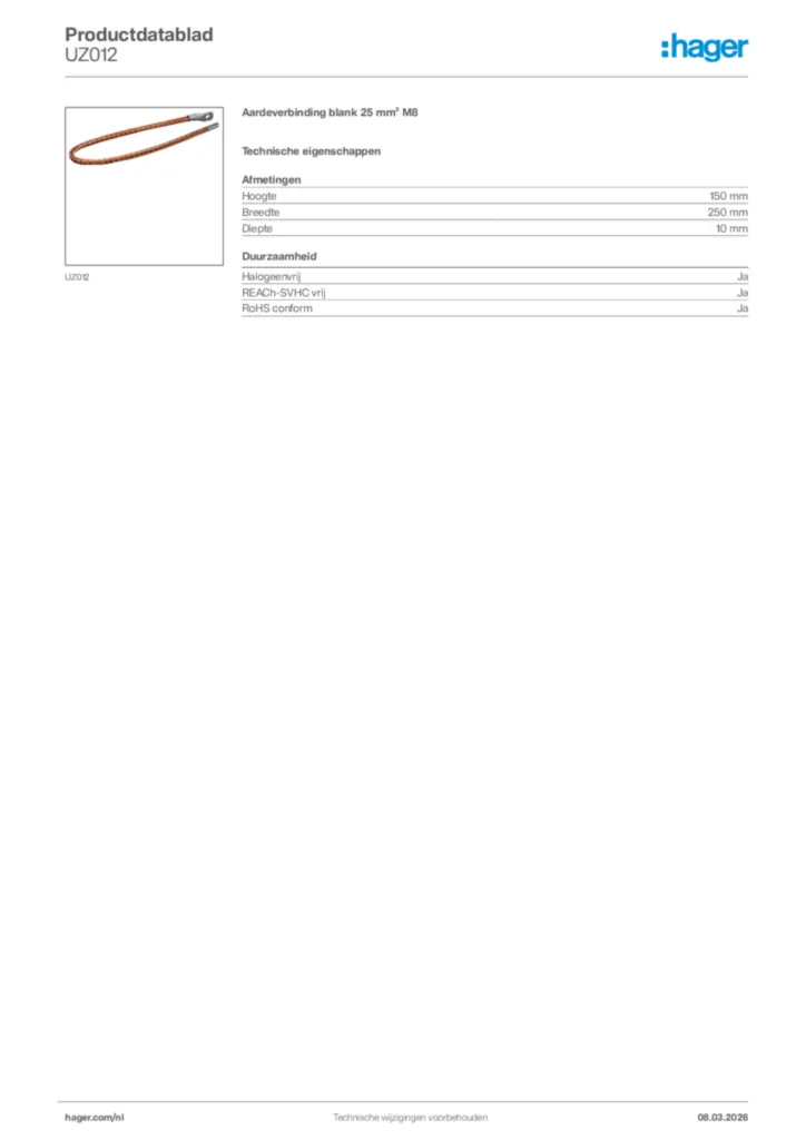 Afbeelding Hager Productdatablad UZ012 | Hager Nederland