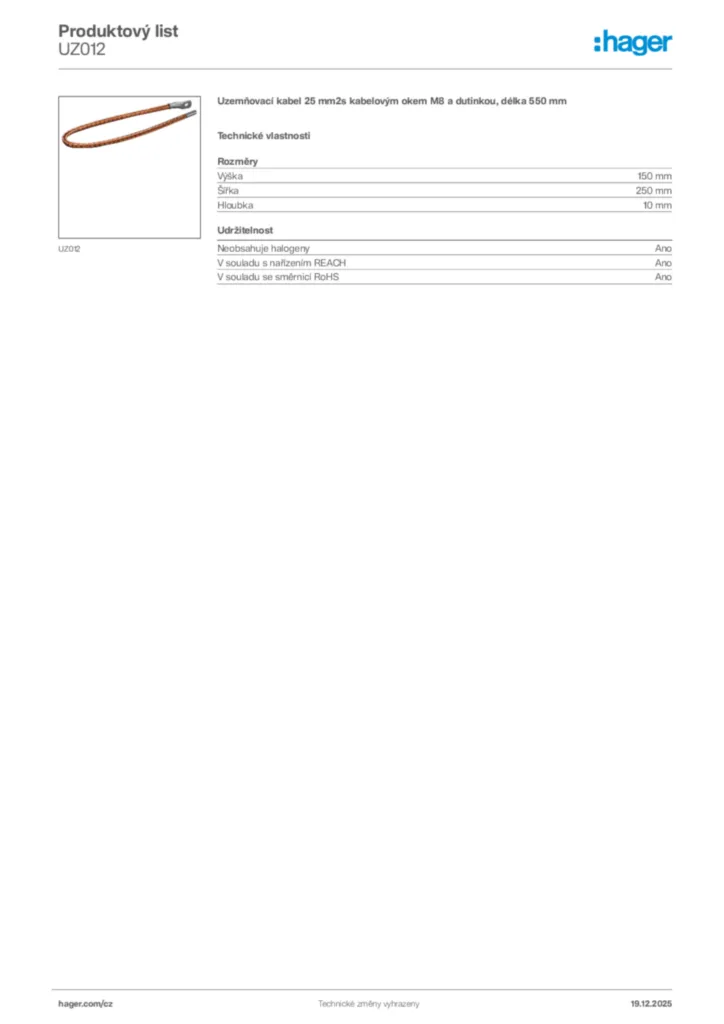 Obrázek Hager Produktový list UZ012 | Hager