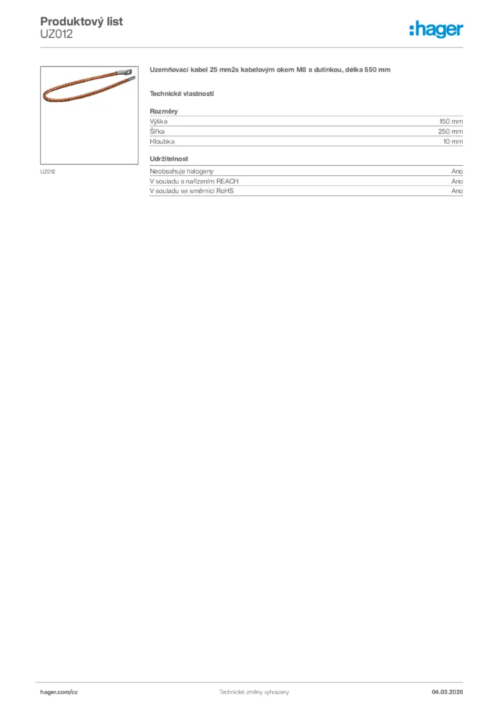 Obrázek Hager Product data sheet UZ012 | Hager