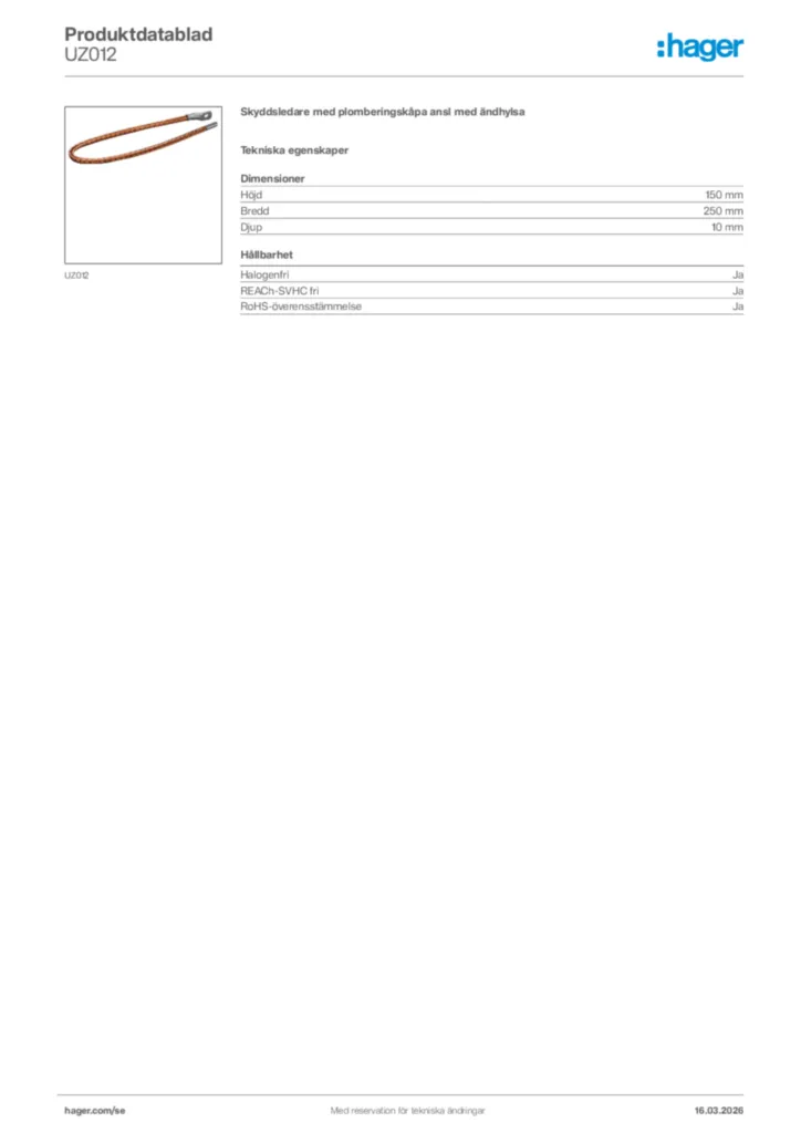 Bild Hager Produktdatablad UZ012 | Hager Sverige