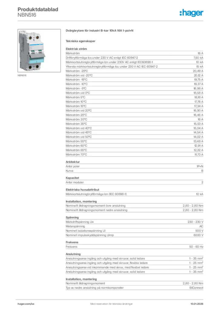 Bild Hager Produktdatablad NBN516 | Hager Sverige