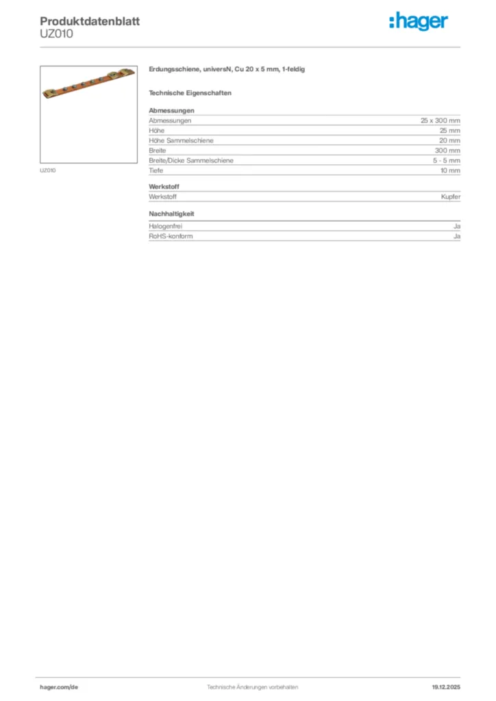 Bild Hager Produktdatenblatt UZ010 | Hager Deutschland
