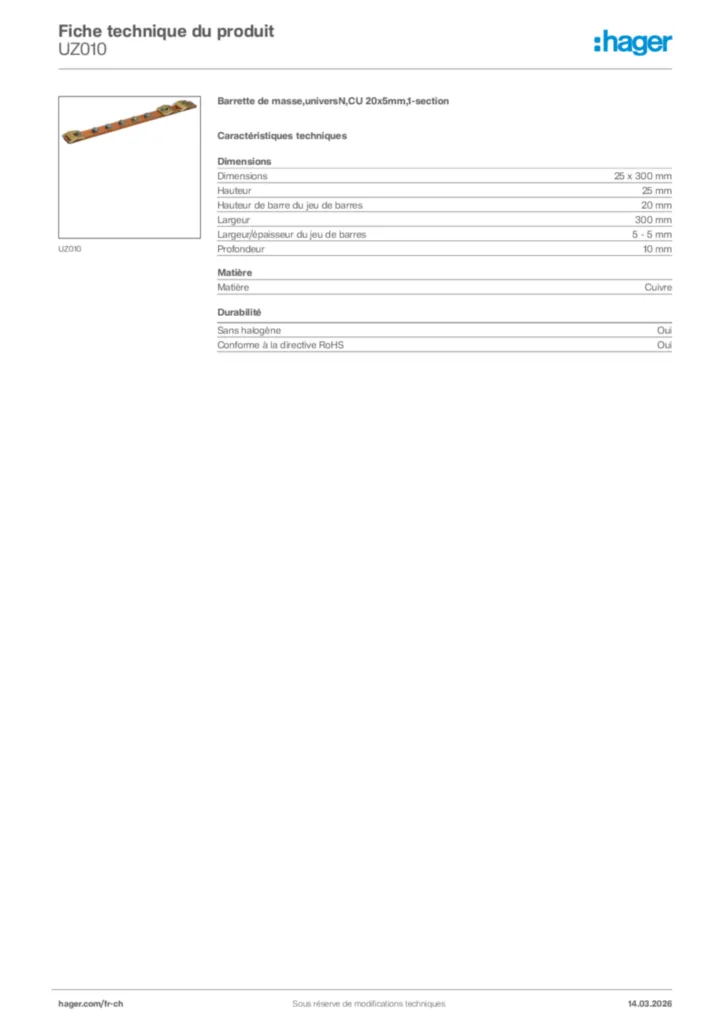 Image Hager Fiche technique du produit UZ010 | Hager Suisse