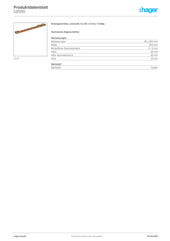 Bild Hager Produktdatenblatt UZ010 | Hager Deutschland