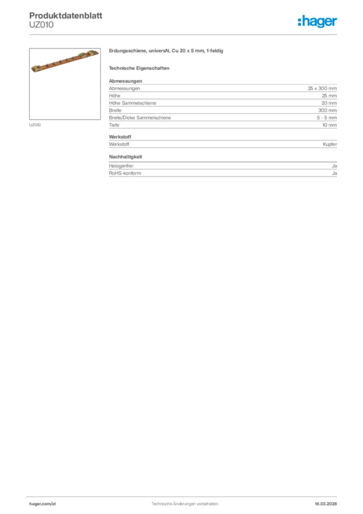 Bild Hager Produktdatenblatt UZ010 | Hager Deutschland