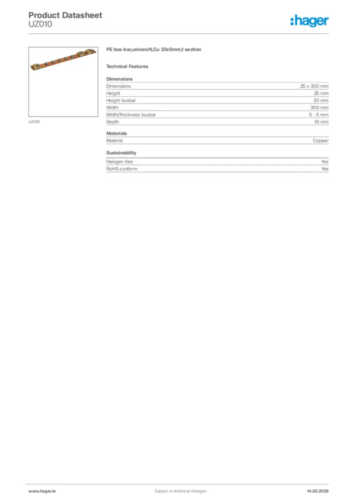 Image Hager Product data sheet UZ010  | Hager