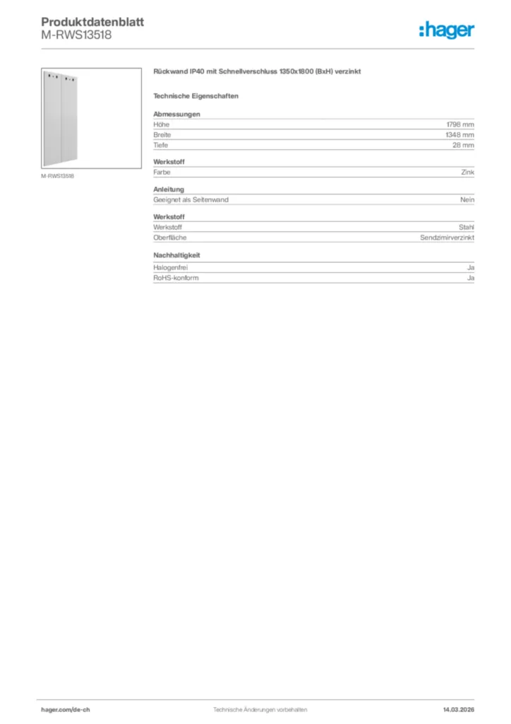 Bild Hager Produktdatenblatt M-RWS13518 | Hager Schweiz