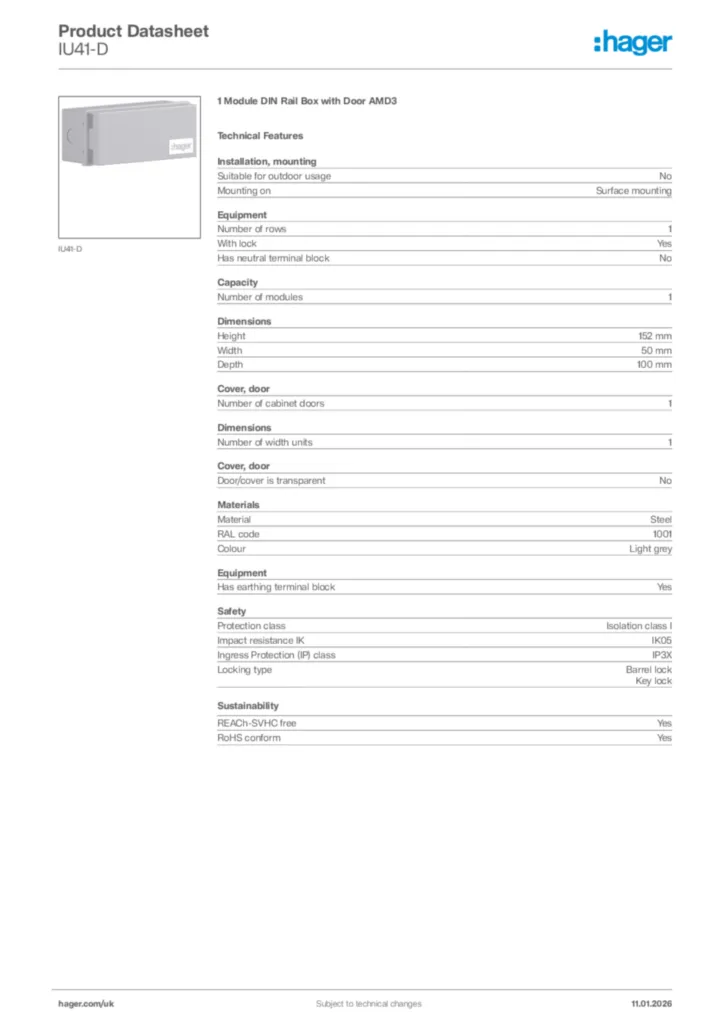 Image Hager Product data sheet IU41-D  | Hager