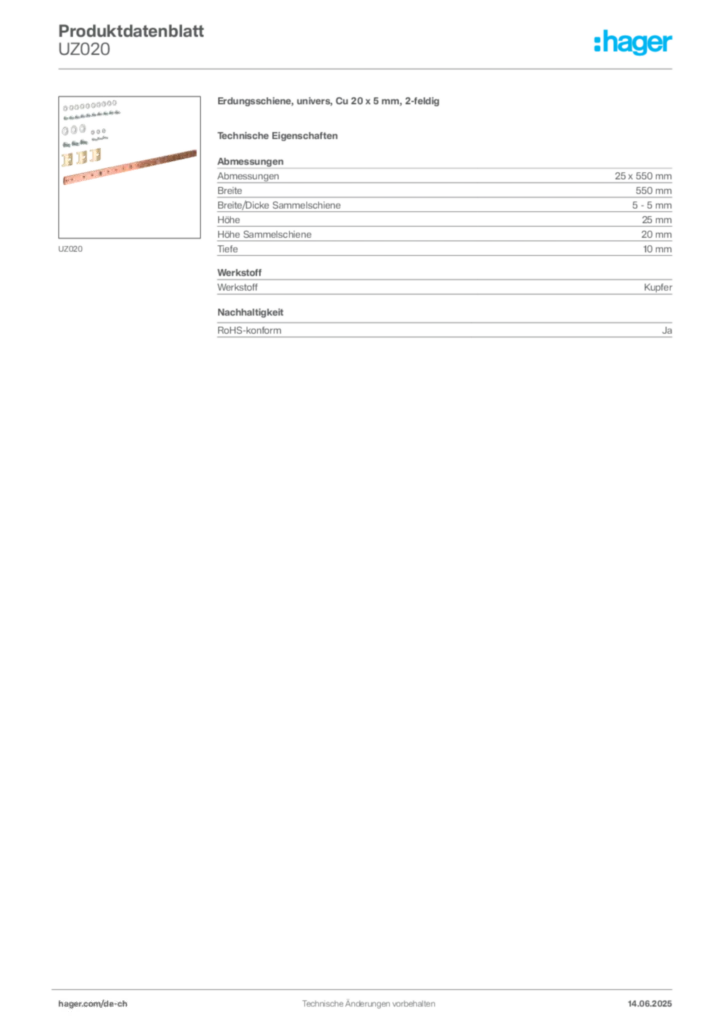 Bild Hager Produktdatenblatt UZ020 | Hager Schweiz
