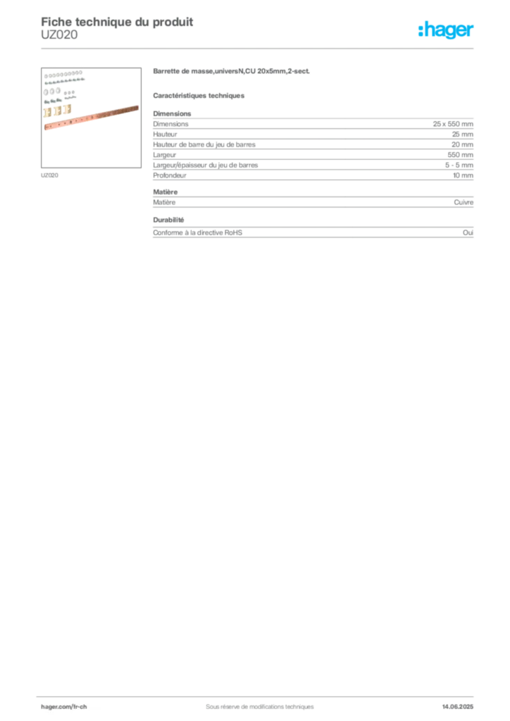 Image Hager Fiche technique du produit UZ020 | Hager Suisse