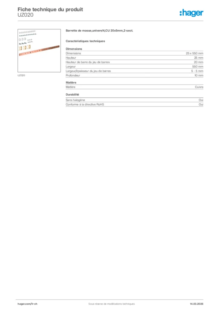 Image Hager Fiche technique du produit UZ020 | Hager Suisse
