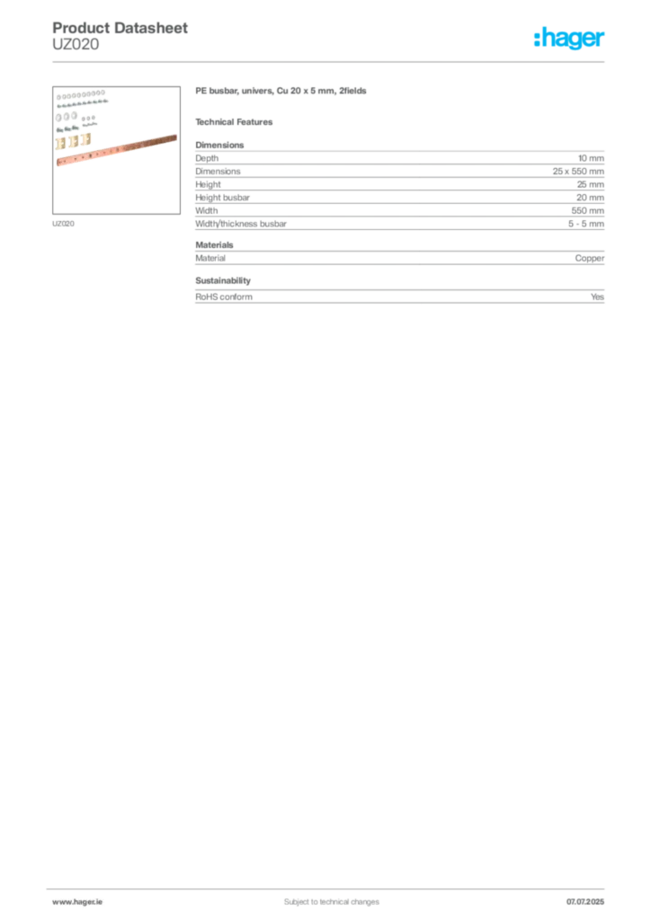 Image Hager Product data sheet UZ020  | Hager