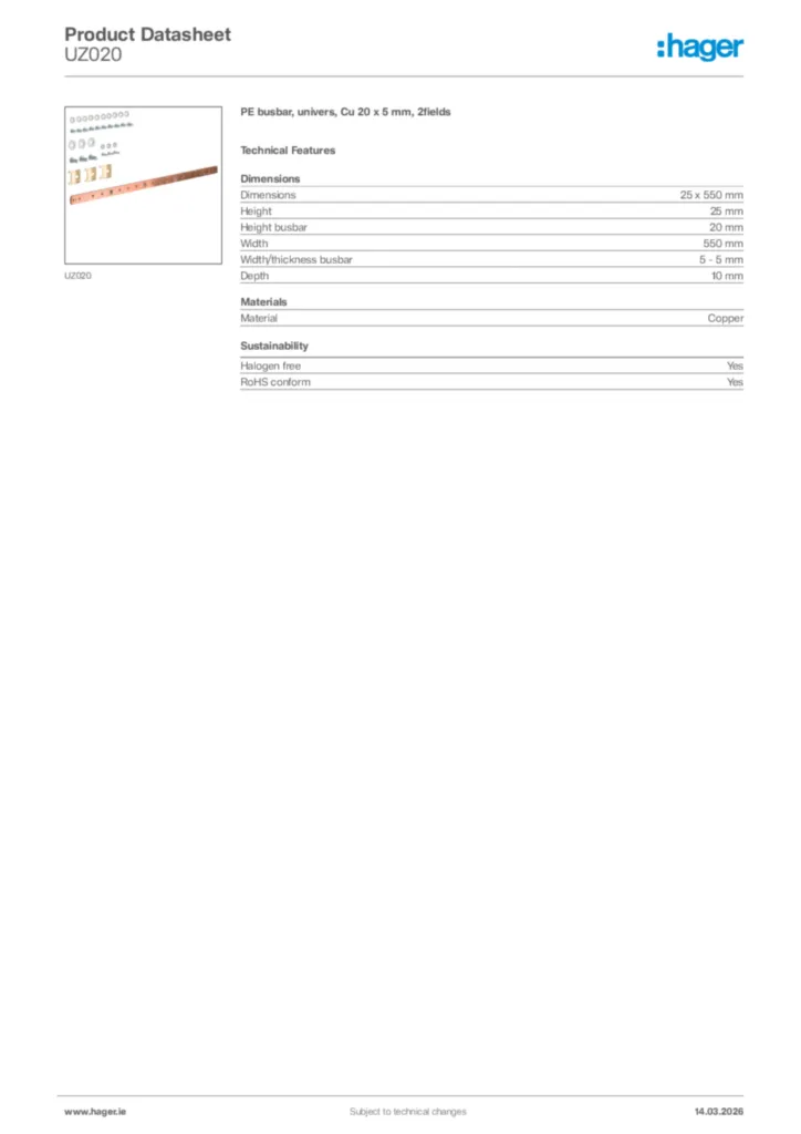 Image Hager Product data sheet UZ020  | Hager